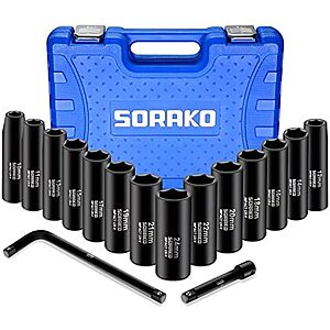 $19.99 | 16-Piece SORAKO 1/2” Impact Socket Set, Metric Deep Socket Set 10-24 mm at Amazon