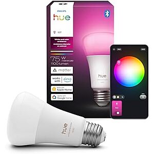 $32.97 | Philips Hue Smart LED A19 Bulb, White & Color Ambiance, E26 Base, 10.5W, 1100 Lumens at Amazon