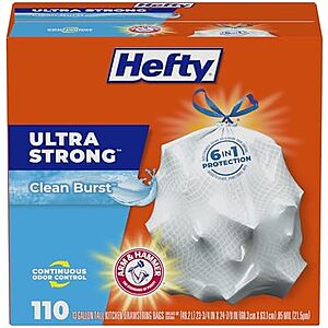 [SnS, AC] $10.23* | 110-Count 13-Gal Hefty Ultra Strong Kitchen Trash Bags w/ Drawstring Closure & Continuous Odor Control, White (Clean Burst Scent) at Amazon