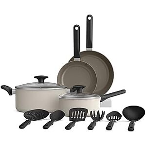 $40.34 | 12-Piece Bella Ceramic Nonstick Cookware Set (Oatmilk) at Amazon