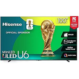 $1499.99 | 100″ Hisense U6 Series Best Value Mini-LED 4K UHD Smart HDR Gaming Fire TV (100U65QF, 2025 Model) at Amazon