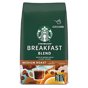 Starbucks Ground Coffee, Medium Roast Hot or Iced Coffee, Breakfast Blend, 28 oz (3.5lba total) ​  Two Bags $35.20 or less S&S/Multibuy Amazon