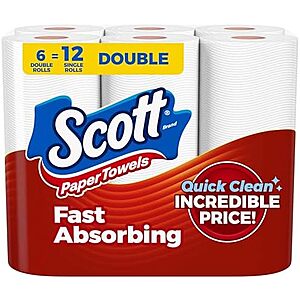 Scott Paper Towels, Choose-A-Sheet, 6 Double Rolls = 12 Regular Rolls (108 Sheets Per Roll)~$6.50 With S&S @ Amazon