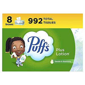 $11.30 Puffs Plus Lotion Facial Tissues, 8 Family Boxes, 124 Facial Tissues per Box with S&S
