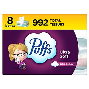 $11.30 Puffs Ultra Soft Non-Lotion Facial Tissues, 8 Family Boxes, 124 Facial Tissues per Box with S&S