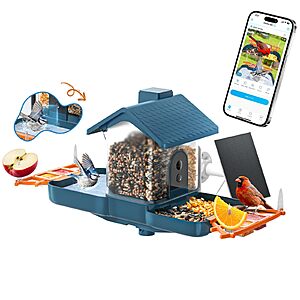 Navfs ​Dual-Lens Solar Powered Bird Feeder and Bird Bath w/ 2K HD Video with AI Identification, Instant Alerts and Camera $39.99 + Free Shipping