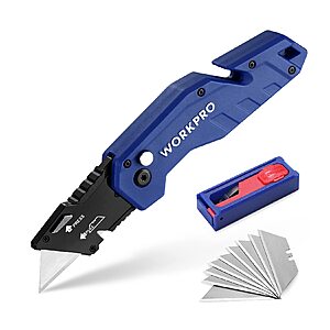 WORKPRO Folding Utility Knife, Box Cutter with Belt Clip, Quick-Change Blade, Lightweight Nylon Handle, Wire Stripper & Gut Hook, Extra 10 SK5 Blades Included, Blue $9.89 @Amazon