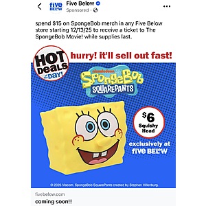 Five Below in-store: Free SpongeBob movie tix wys $15 in SpongeBob merch