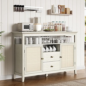 53" RoyalCraft Farmhouse Rattan Coffee Bar Sideboard Buffet Cabinet (Cream Oak White) $125 + Free Shipping