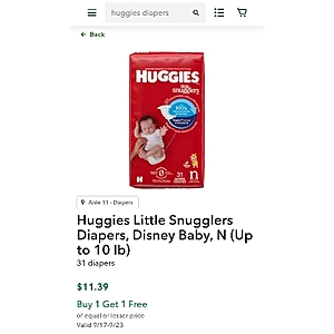 Huggies Little Snugglers Diapers, Disney Baby, N (Up to 10 lb) $11.39