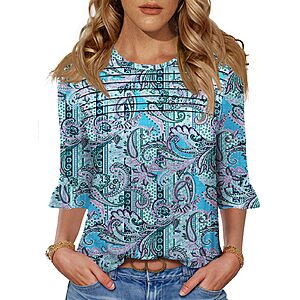 Blingfit Women's 3/4 Sleeve Tops Fashion Crewneck Front Pleated T-Shirt Flowy Tops Printed Business Casual Outfits for Work M $8.54