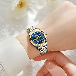 OLEVS Women Watches Blue Business Dress Diamond Female Watches Stainless Steel Date Waterproof Two Tone Watch for Women $34.22